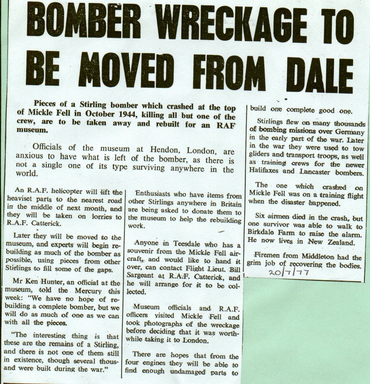  Bomber wreckage to be moved from dale

Mickle Fell, history, aircraft crash 
