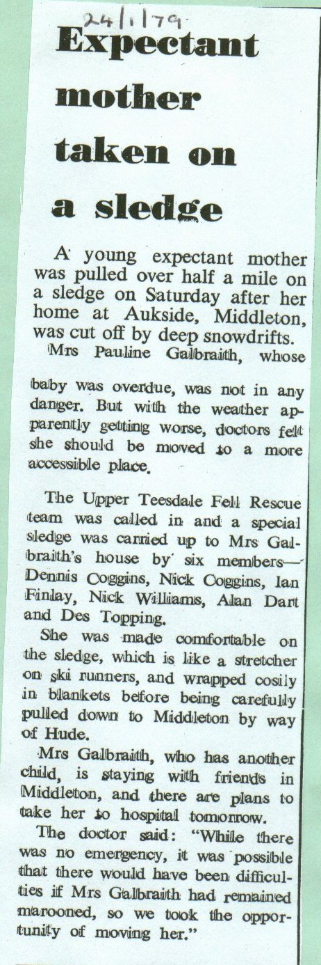  Expectant mother taken on a sledge

Pauline Galbraith, Expectant mother, sledge, snow, successful 