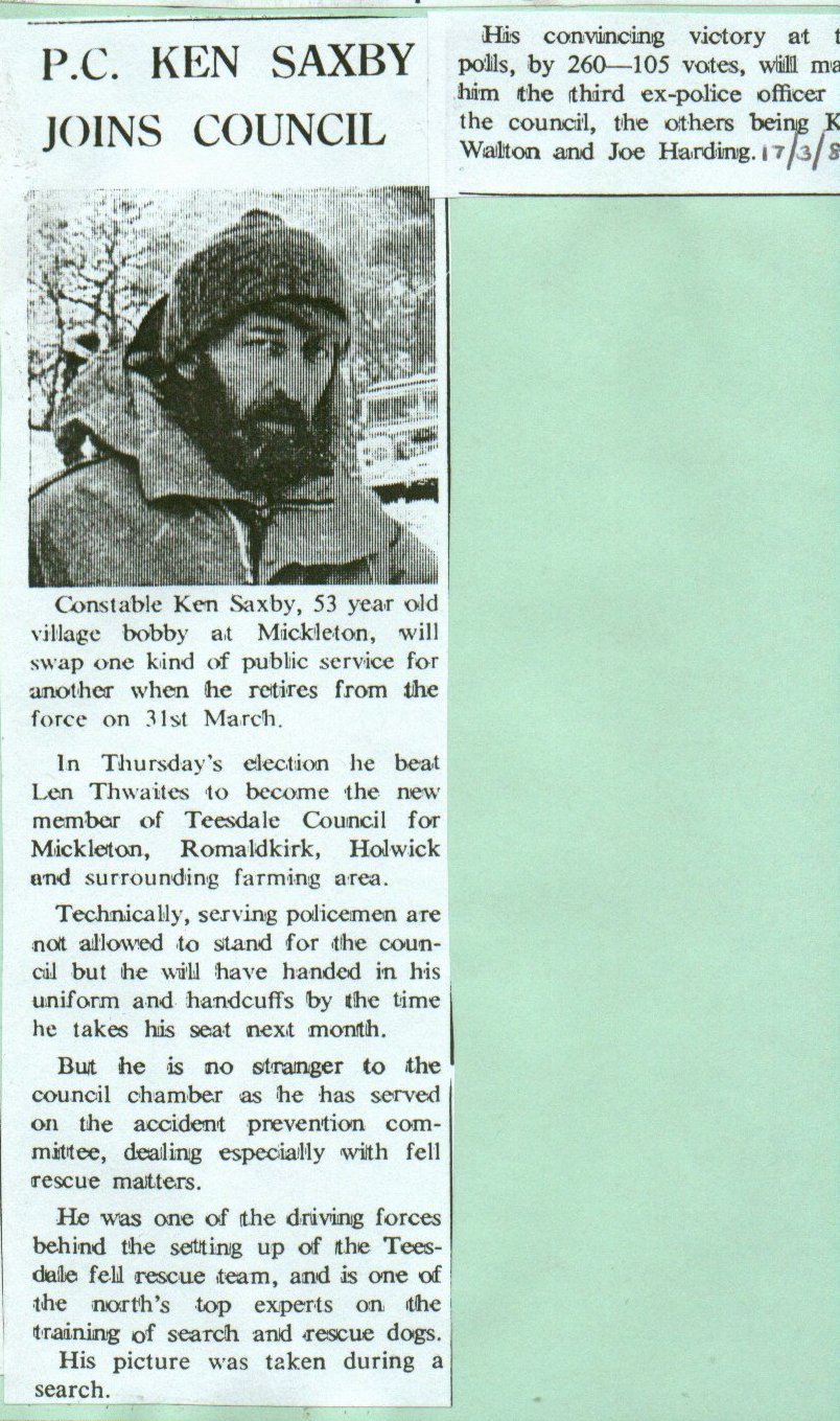  PC Ken Saxby joins council.

