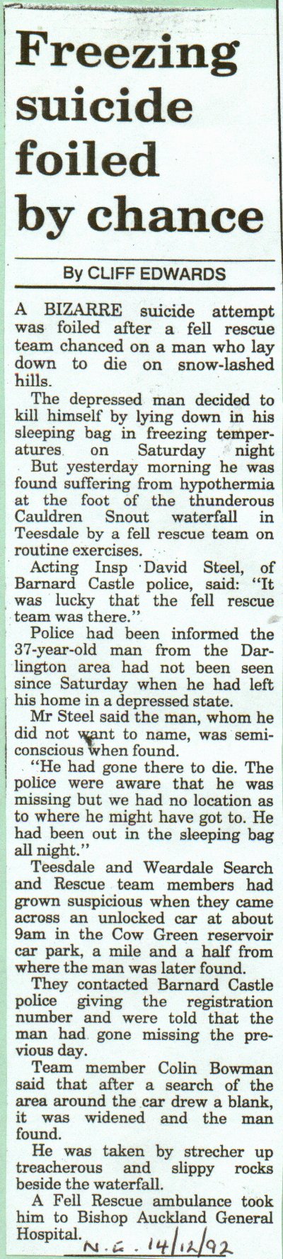 Freezing suicide foiled by chance